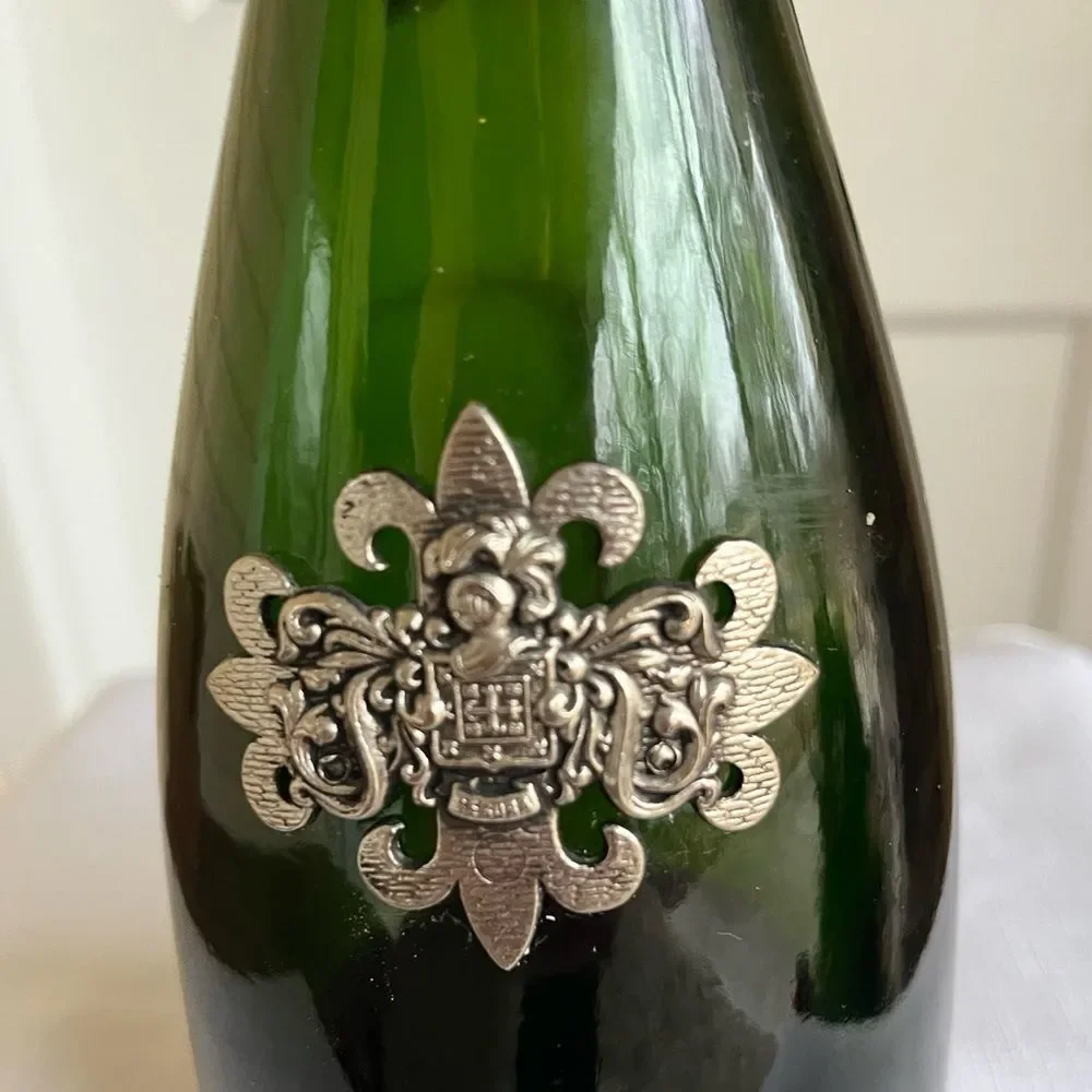 Vintage Segura Viudas glass dark green empty vine bottle with lid, Pewter decor.